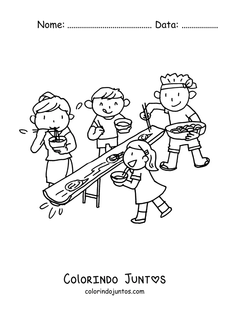 Desenho para colorir de pessoas comendo lámen em um restaurante japonês