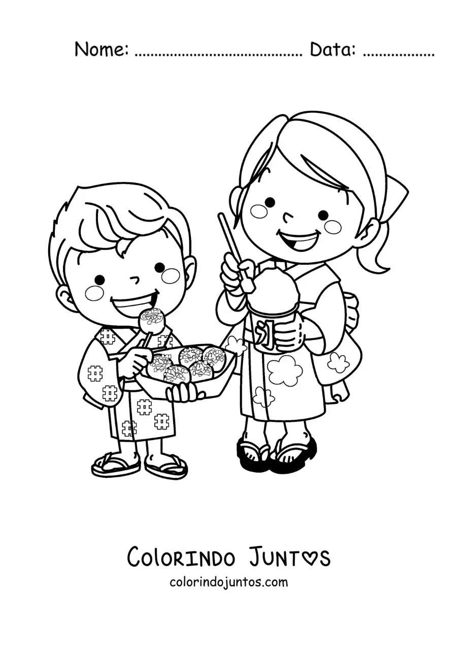 Desenho para colorir de crianças japonesas comendo sorvete e doces