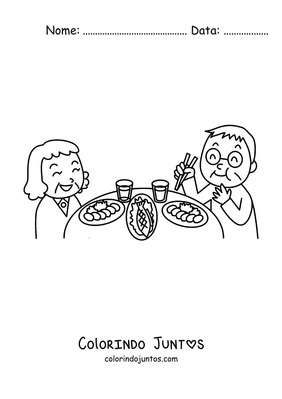 Desenho para colorir de um casal de avós jantando comida saudável à mesa