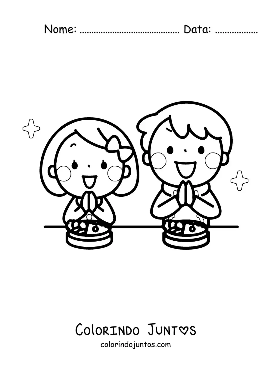Desenho para colorir de duas crianças agradecendo pela comida antes de comer
