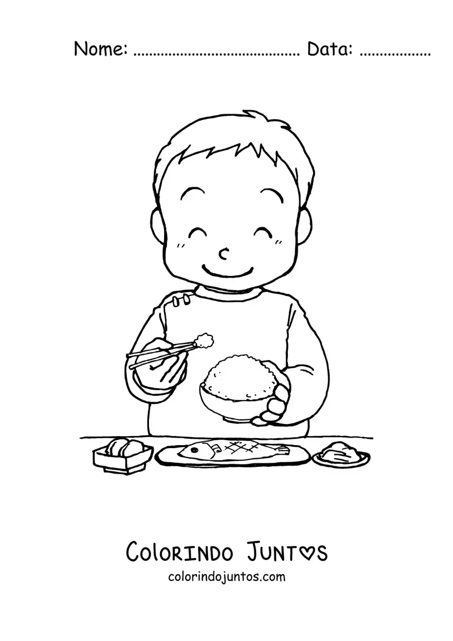 Desenho para colorir de um menino asiático comendo arroz com hashi