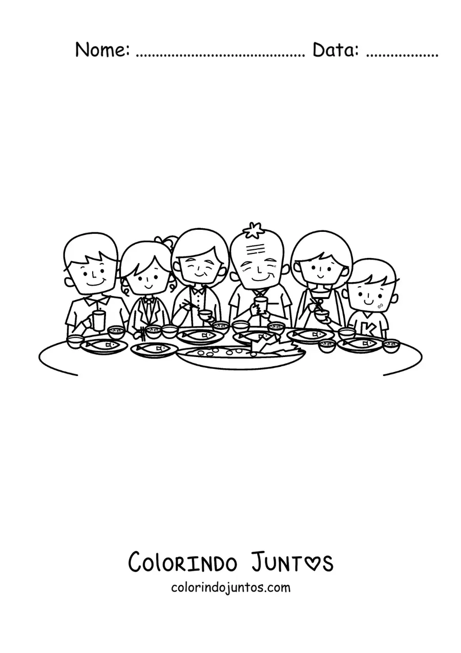 Desenho para colorir de uma grande família animada comendo à mesa