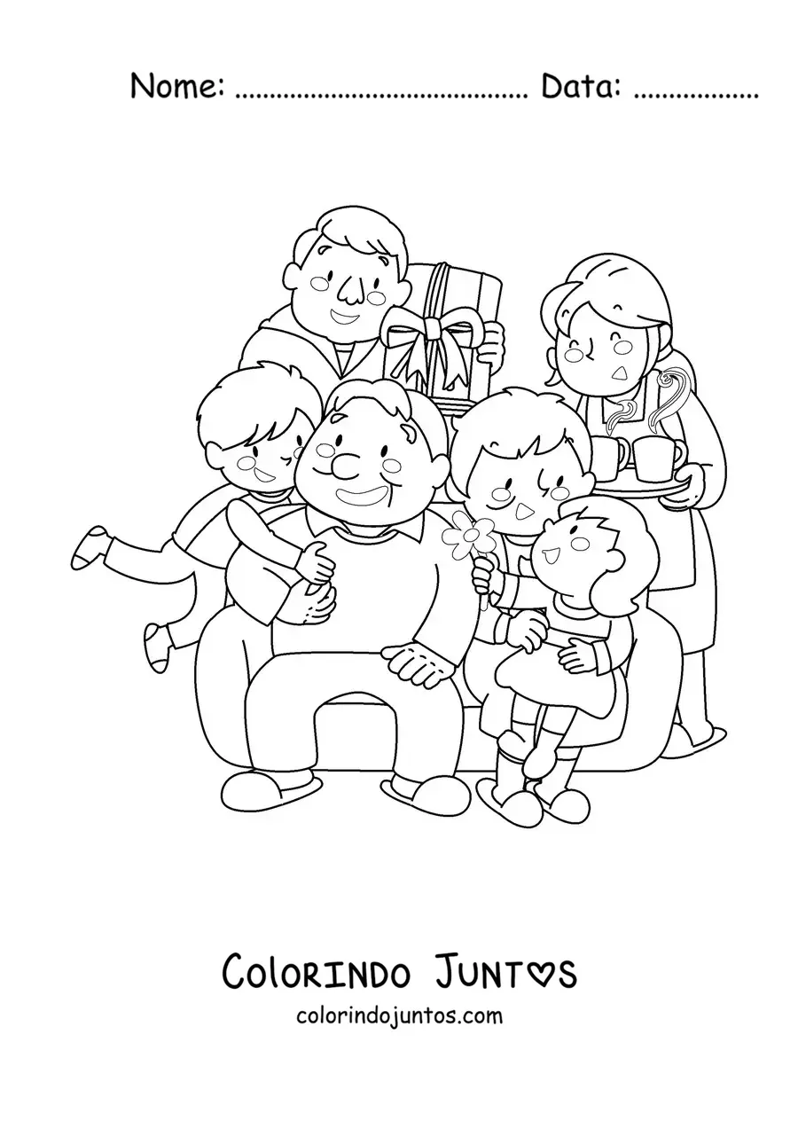 Desenho para colorir de um pai, uma mãe e dois filhos rodeando um casal de avós