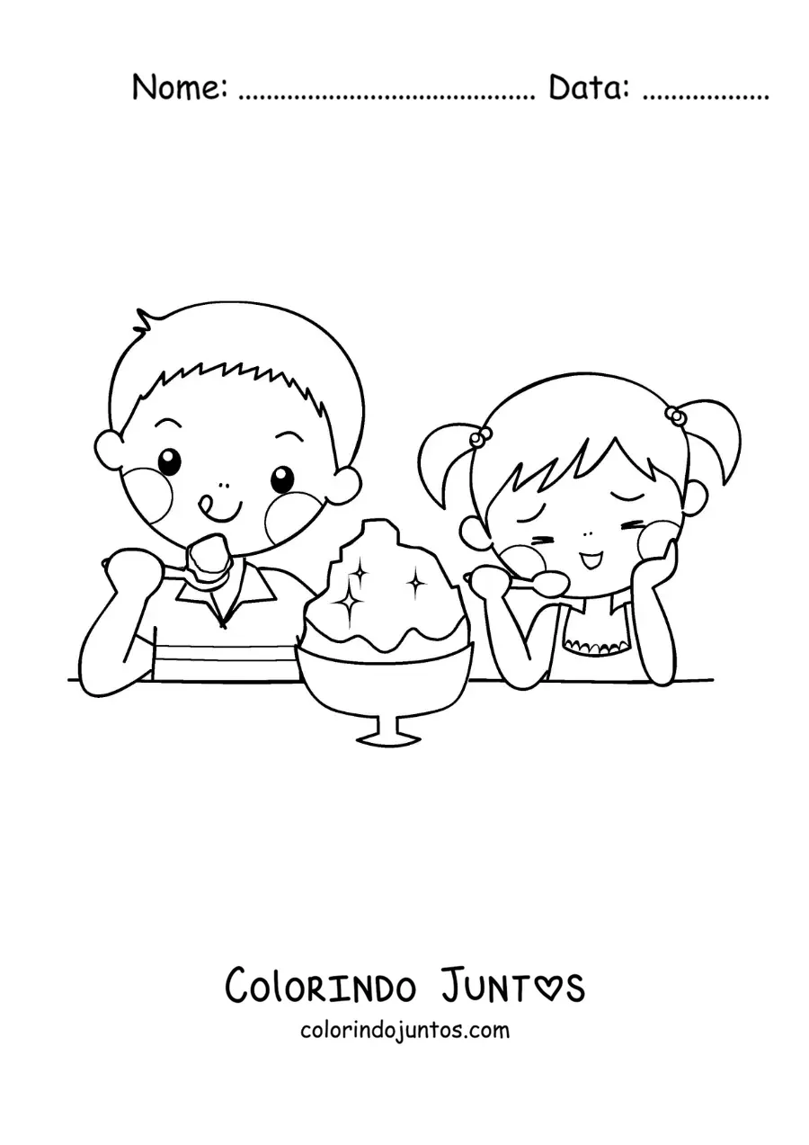 Desenho para colorir de duas crianças kawaii comendo sorvete