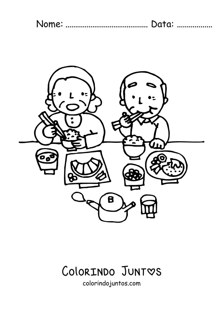 Desenho para colorir de dois avós comendo juntos à mesa