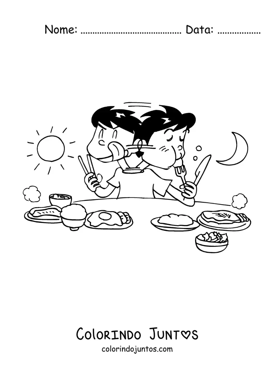 Desenho para colorir de um menino comendo à mesa da manhã até a noite
