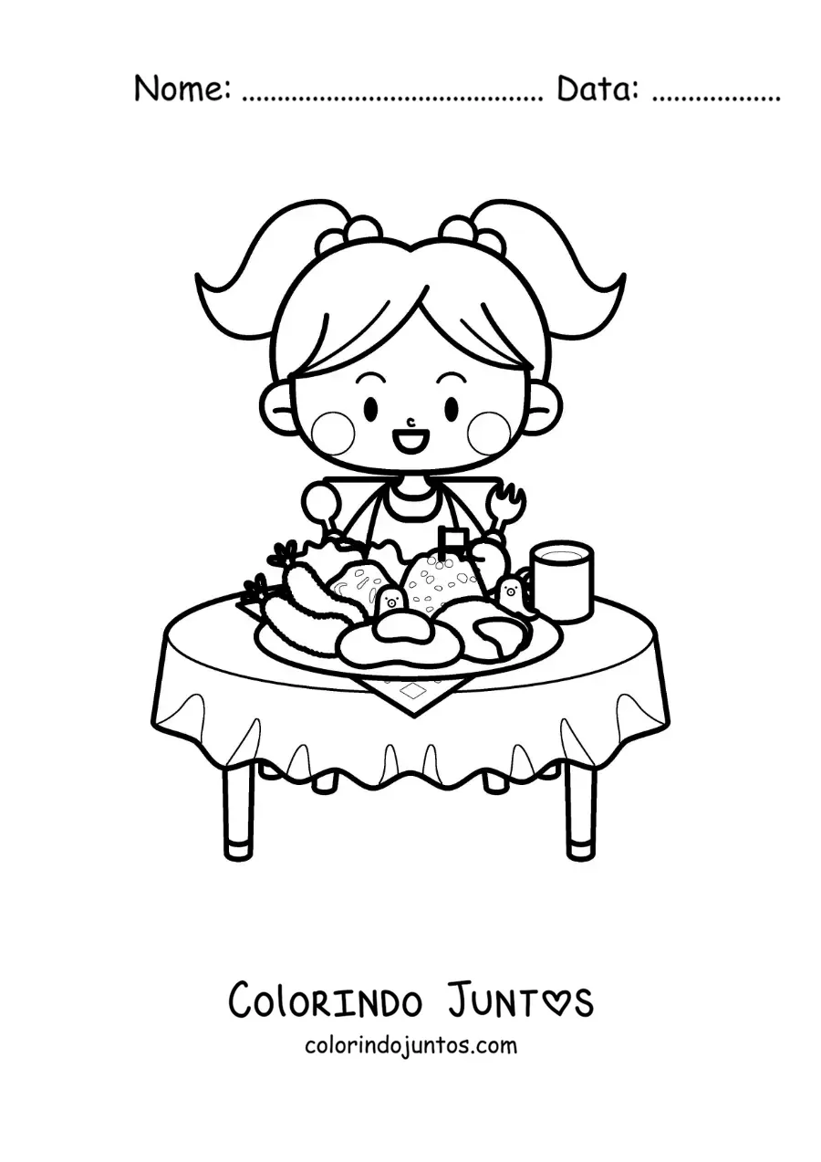 Desenho para colorir de uma menina kawaii sentada à mesa com um prato de comida