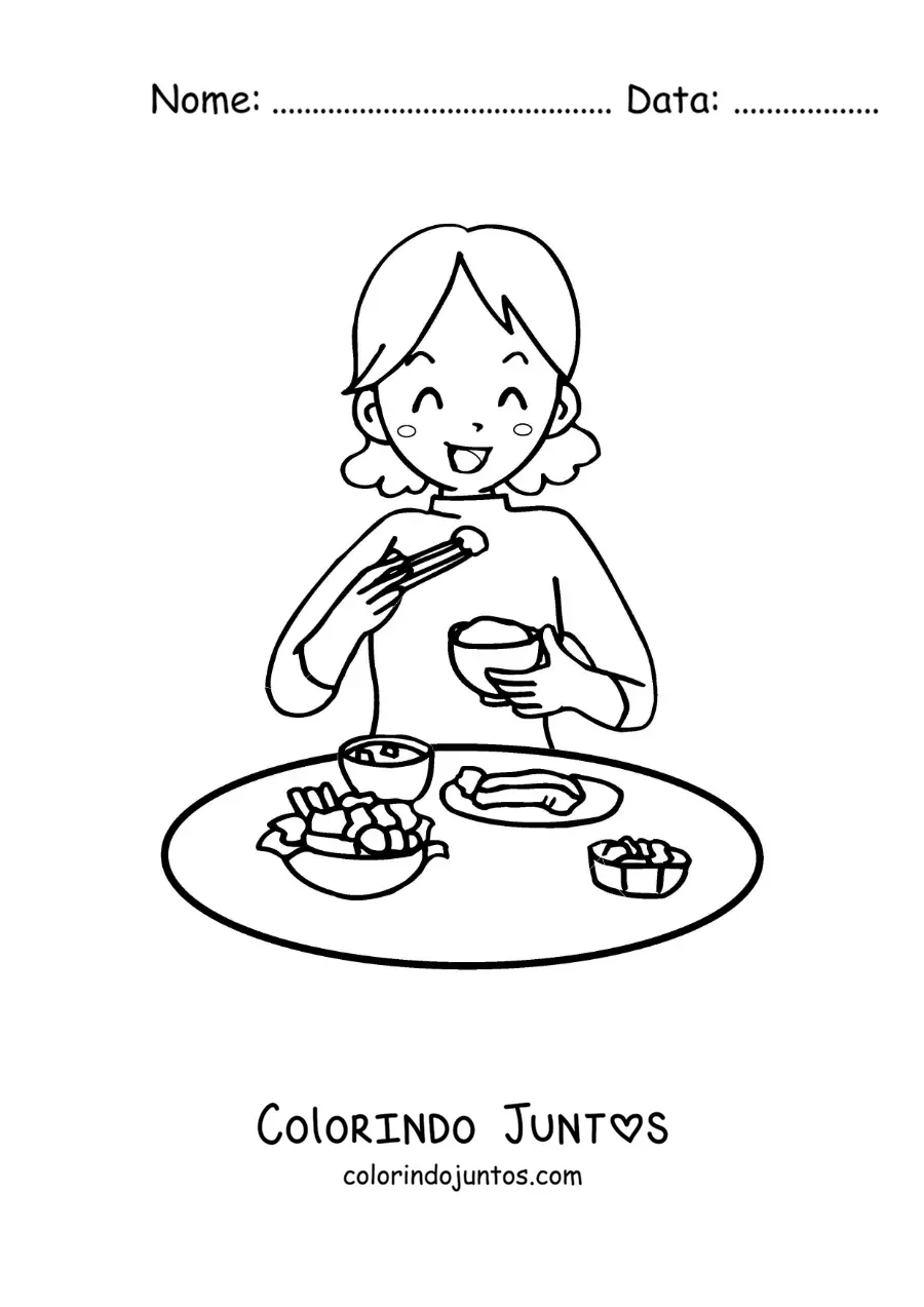 Desenho para colorir de uma mulher almoçando à mesa
