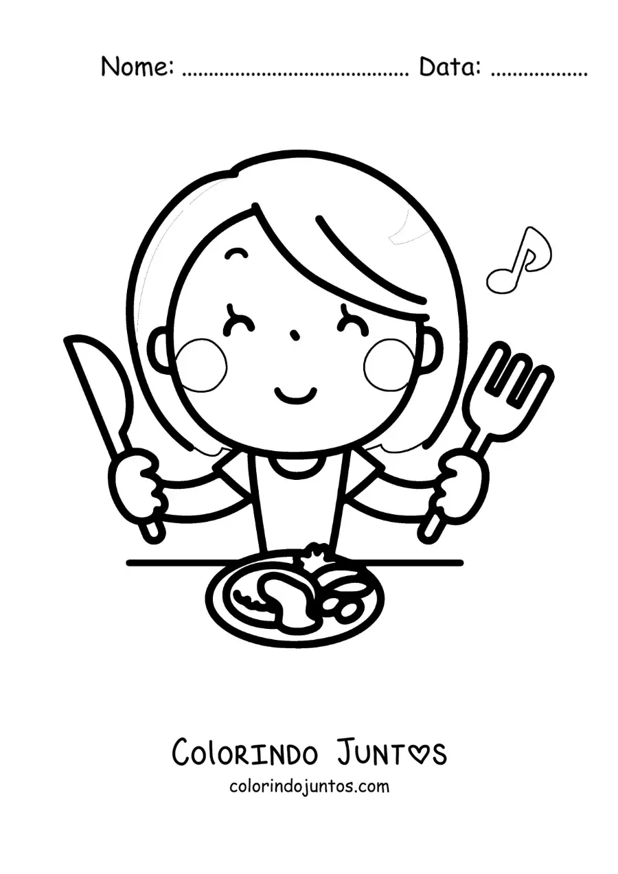 Desenho para colorir de uma mulher kawaii comendo à mesa com talheres