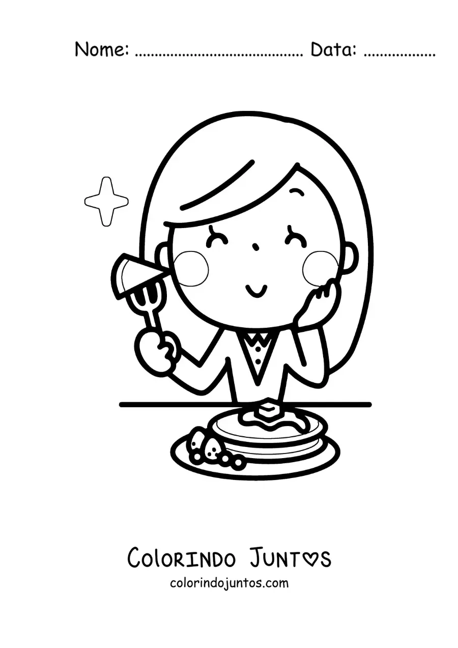 Desenho para colorir de uma mulher kawaii comendo panquecas no café da manhã