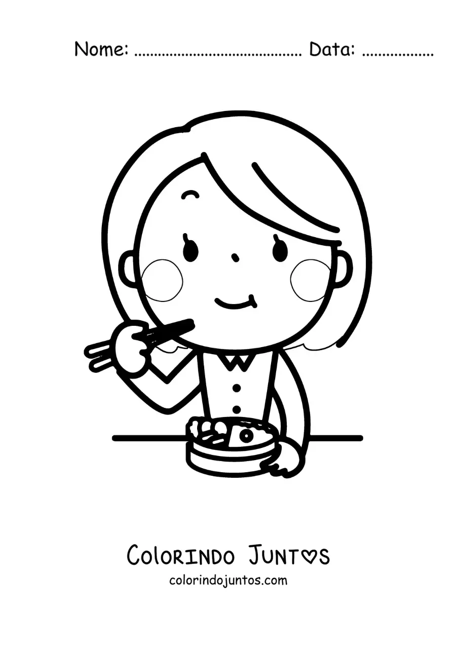 Desenho para colorir de uma mulher kawaii comendo com hashi
