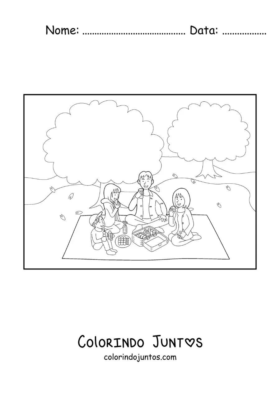 Desenho para colorir de crianças e seus pais comendo em família em um piquenique