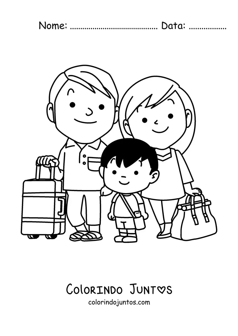 Desenho para colorir de uma família nuclear com bagagem de viagem