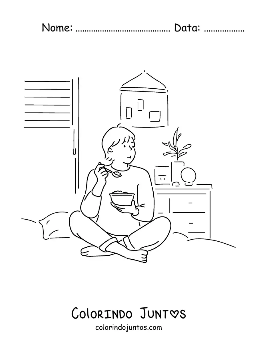 Desenho para colorir de um menino comendo sentado na cama
