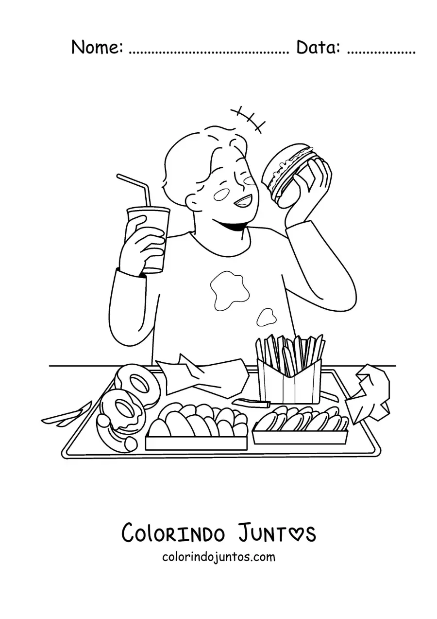 Desenho para colorir de um menino comendo besteiras
