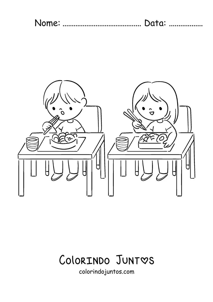 Desenho para colorir de duas crianças almoçando na escola
