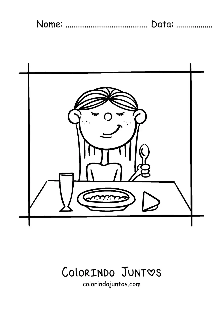 Desenho para colorir de uma menina tomando café da manhã