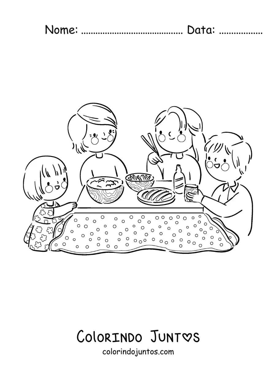 Desenho para colorir de uma família almoçando junta à mesa