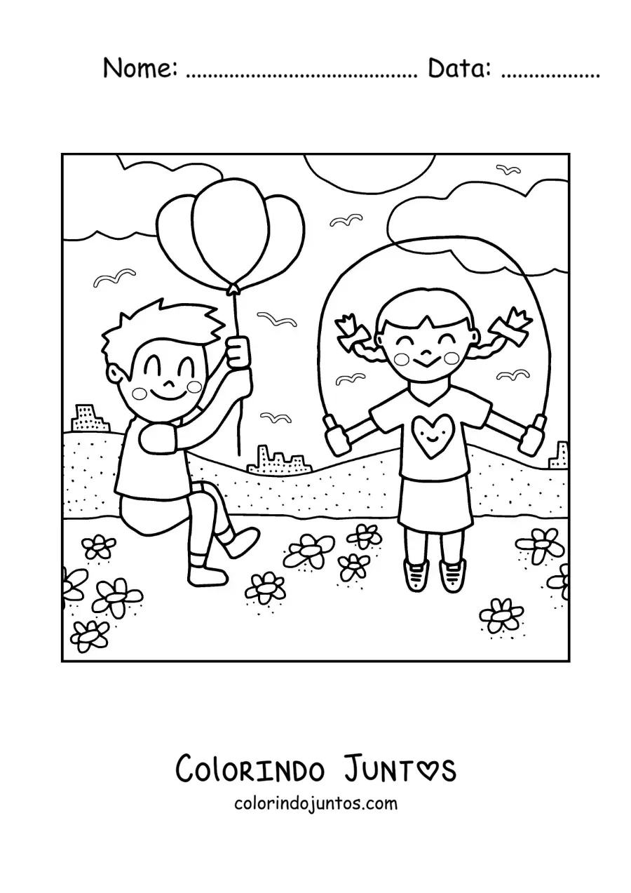 Desenho para colorir de crianças brincando no parque