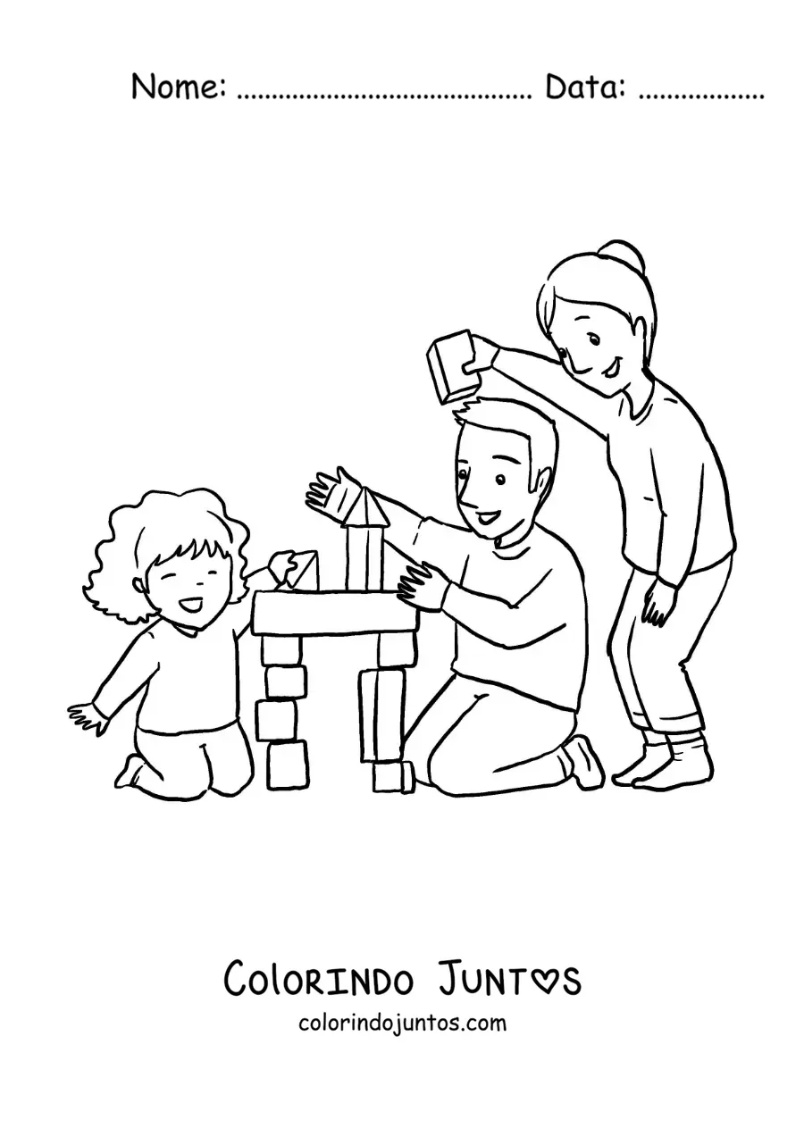 Desenho para colorir de uma menina brincando com seus pais