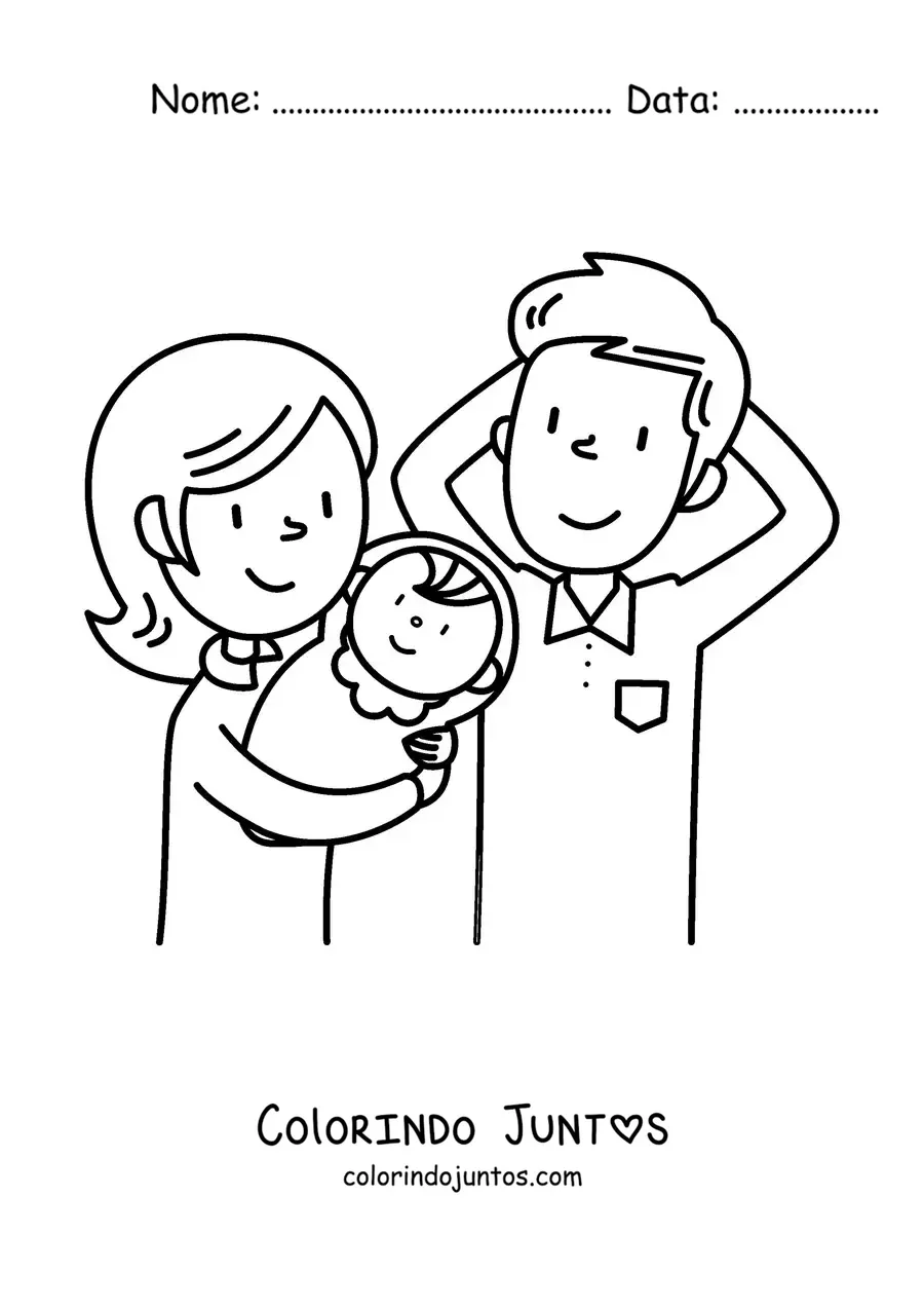 Desenho para colorir de uma família nuclear com um bebê