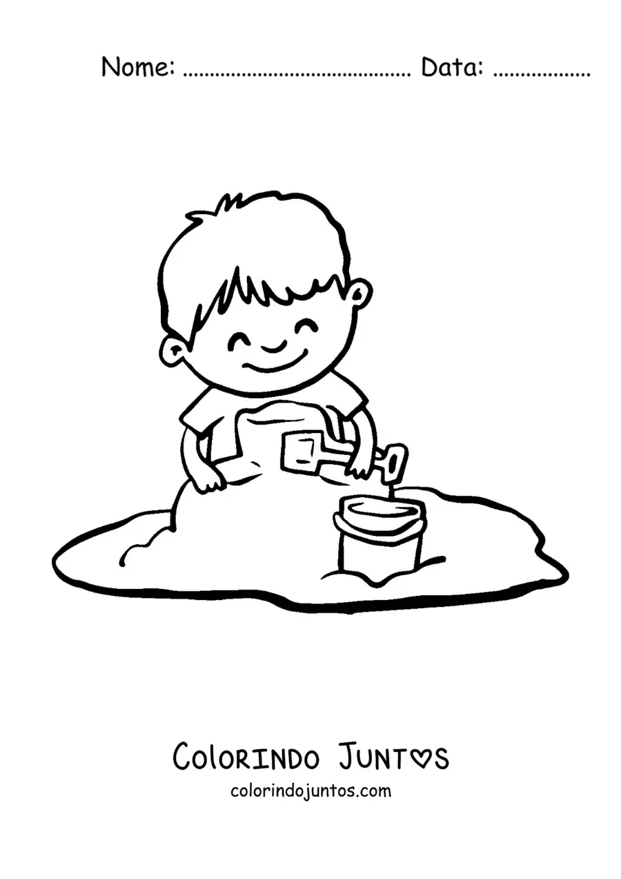Desenho para colorir de um menino brincando na areia