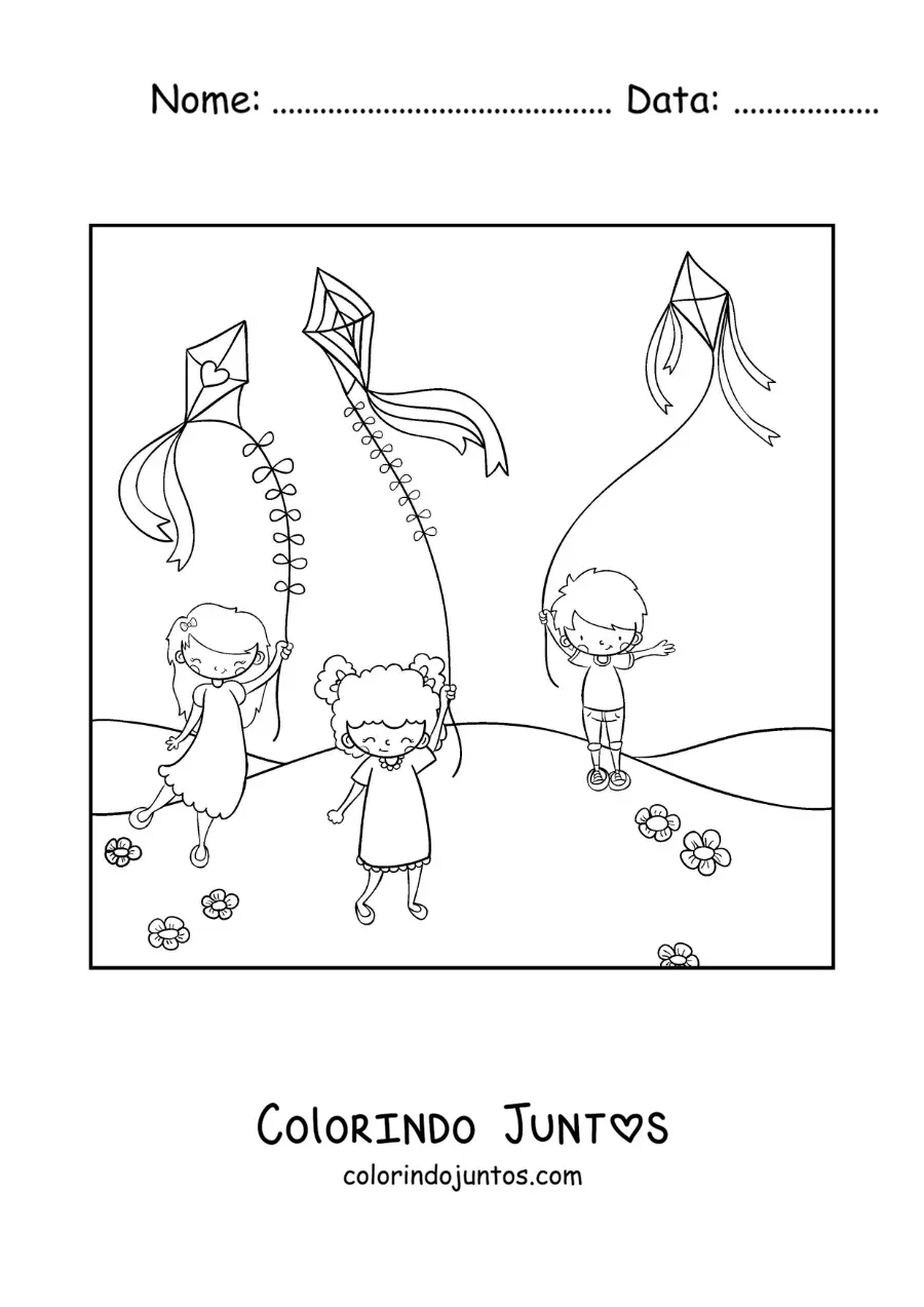 Desenho para colorir de crianças soltando pipas no parque