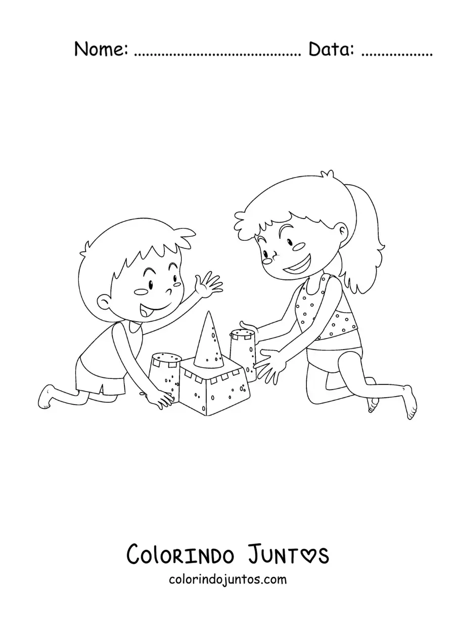 Desenho para colorir de uma menina e um menino brincando na praia