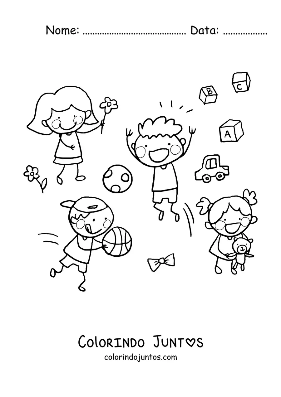 Desenho para colorir de crianças com brinquedos no parque