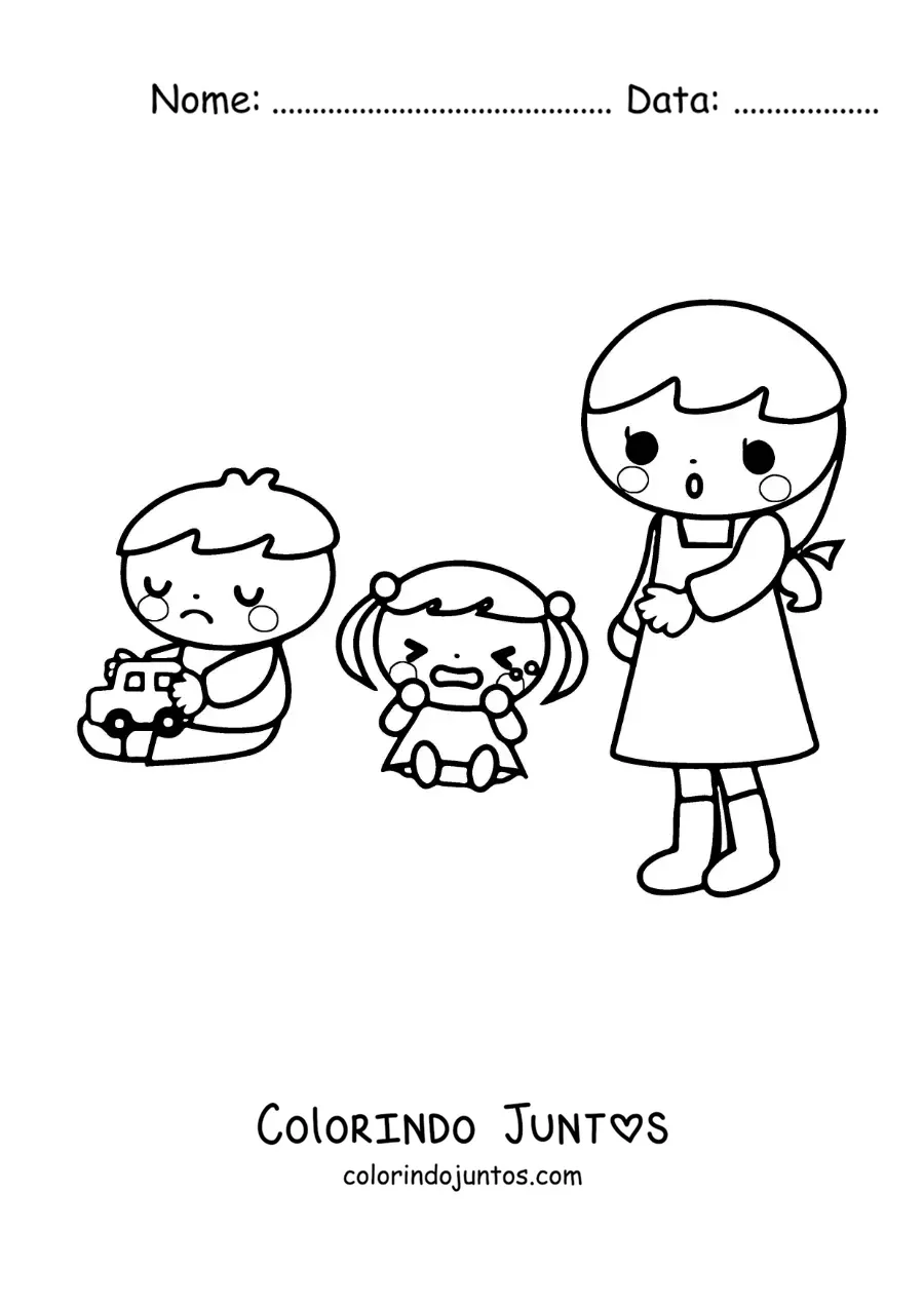Desenho para colorir de duas crianças brincando na pré-escola com a professora