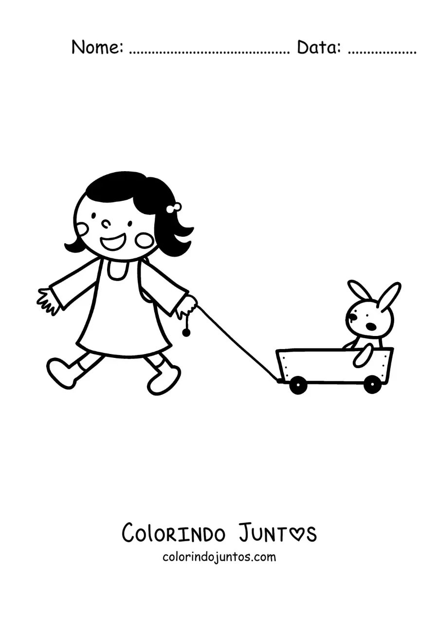 Desenho para colorir de uma menina brincando com seu coelho de pelúcia