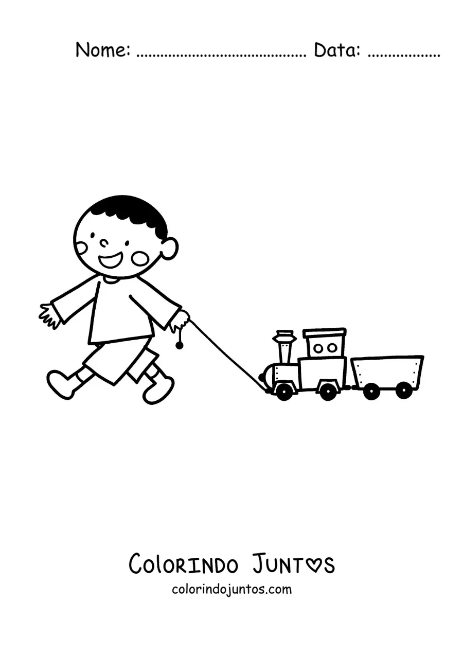 Desenho para colorir de um menino brincando com seu trem de brinquedo