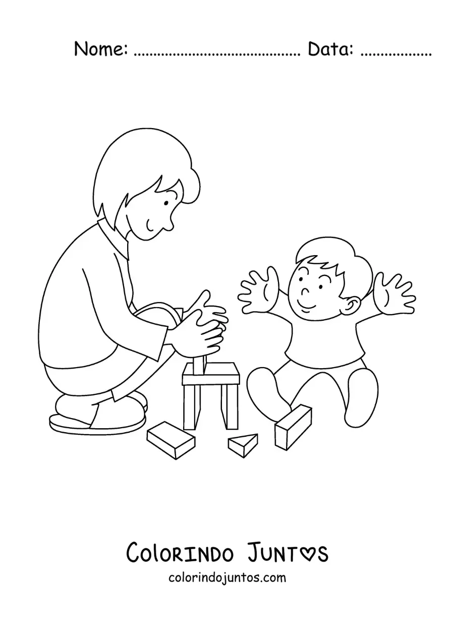 Desenho para colorir de uma mãe brincando com seu filho pequeno