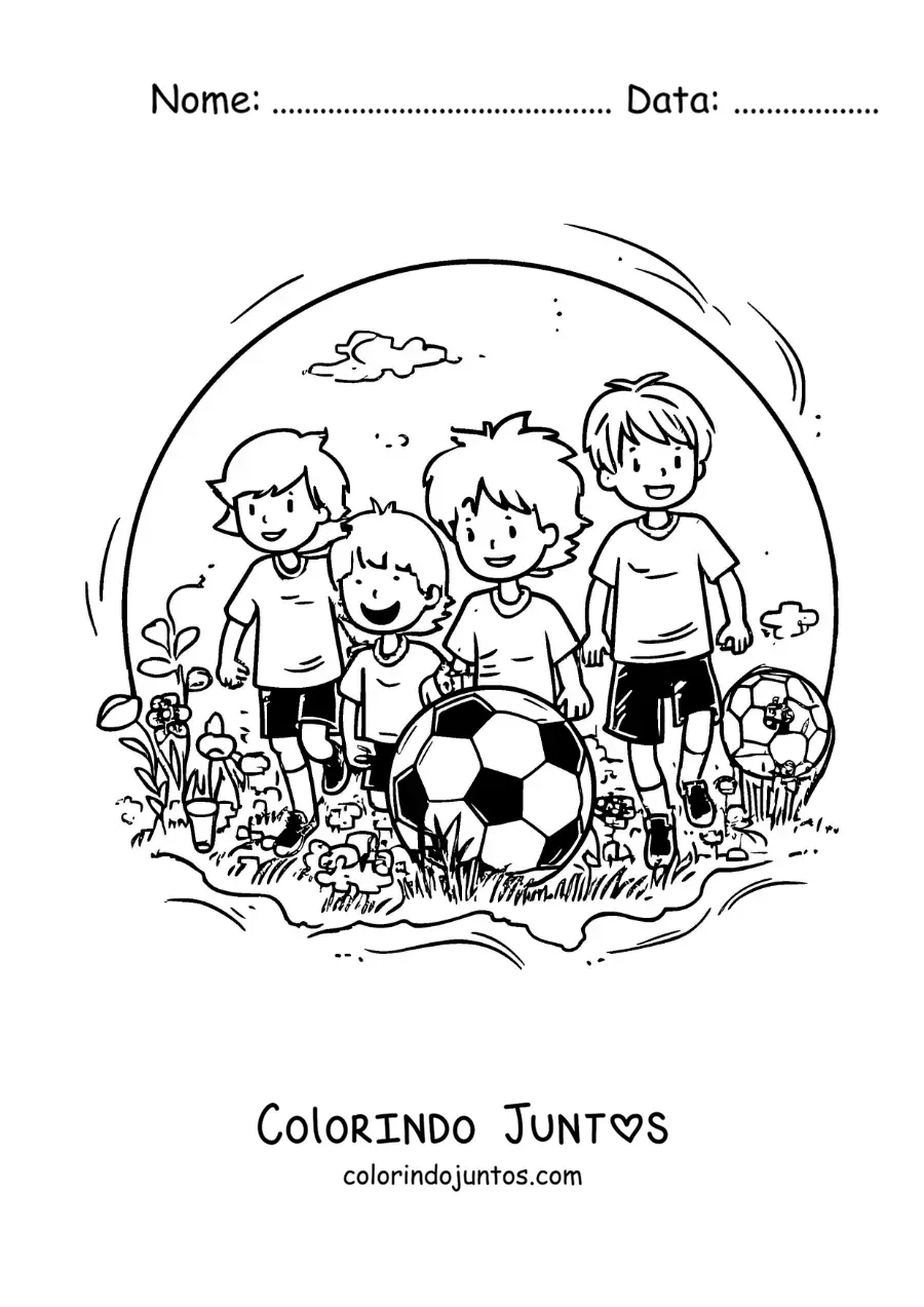 Desenho para colorir de um grupo de crianças jogando futebol
