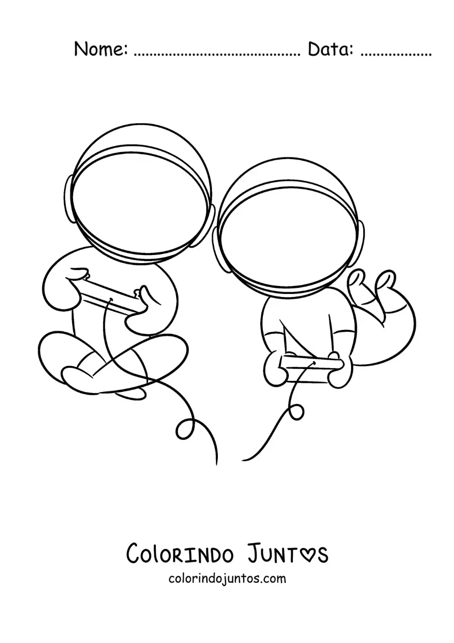 Desenho para colorir de dois astronautas animados jogando videogame
