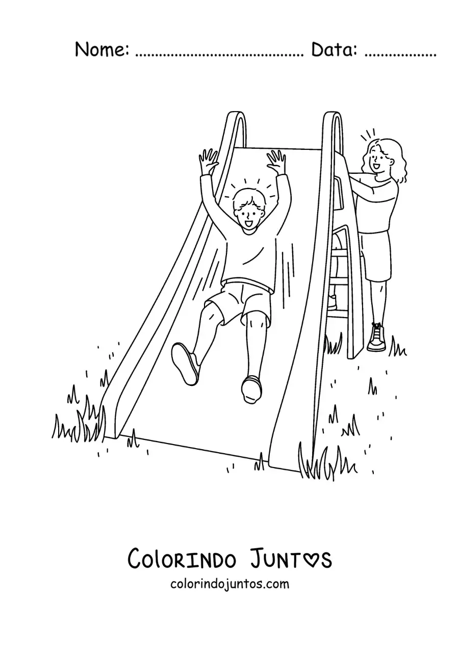 Desenho para colorir de duas crianças brincando em um escorregador