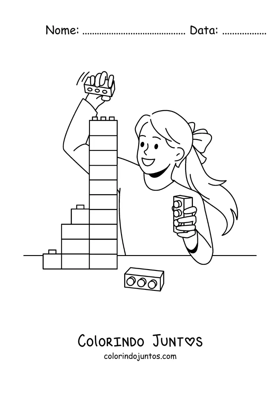 Desenho para colorir de uma menina brincando com blocos de montar