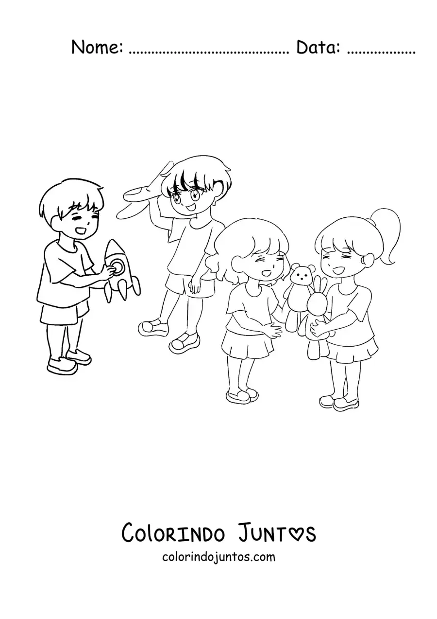 Desenho para colorir de meninos e meninas brincando com brinquedos na escola