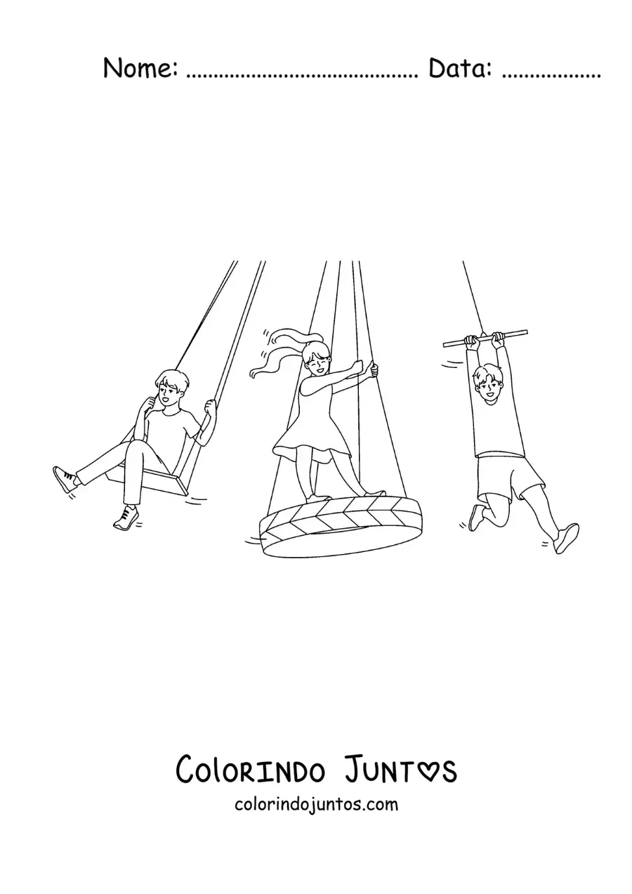 Desenho para colorir de crianças brincando nos balanços do parque