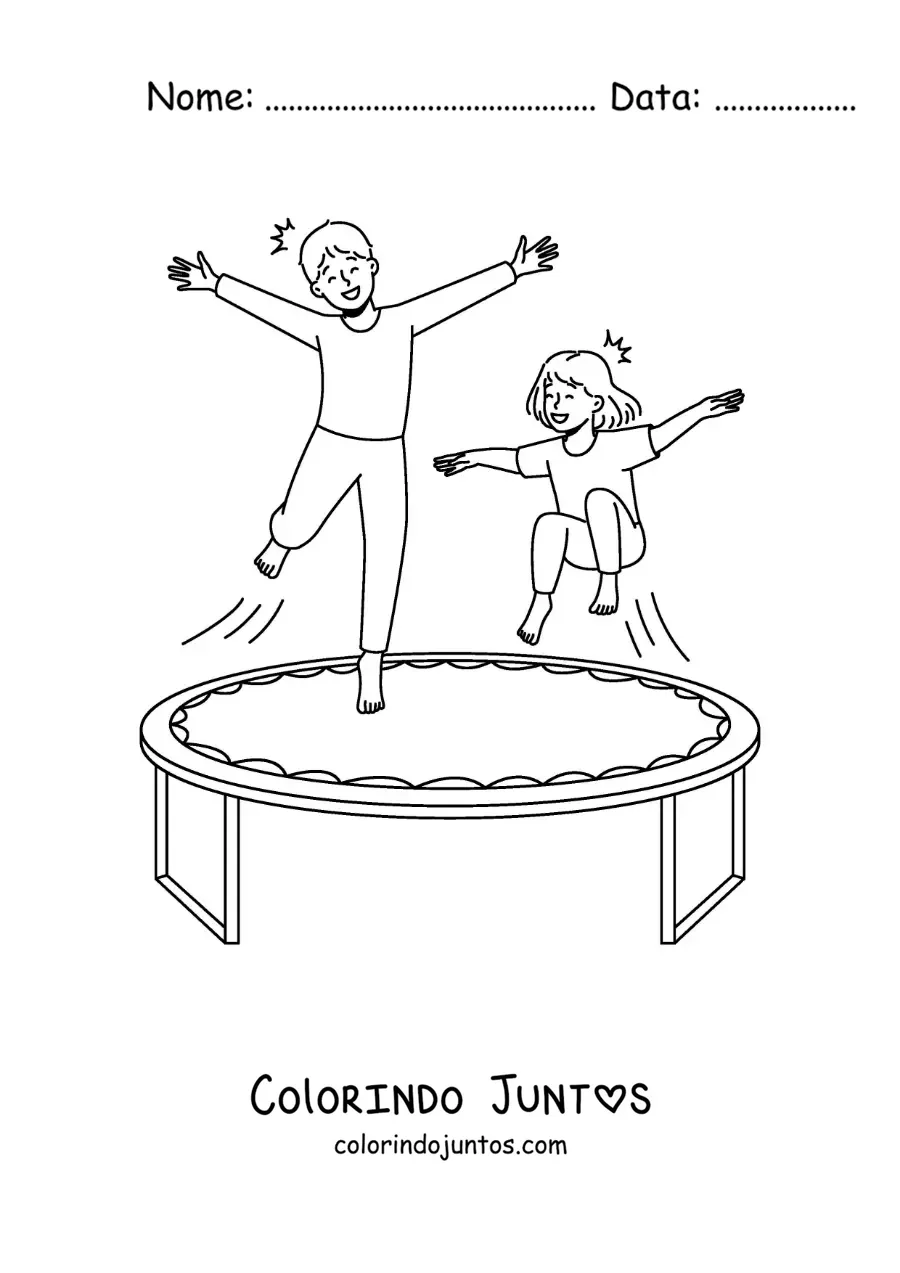 Desenho para colorir de crianças brincando em um trampolim