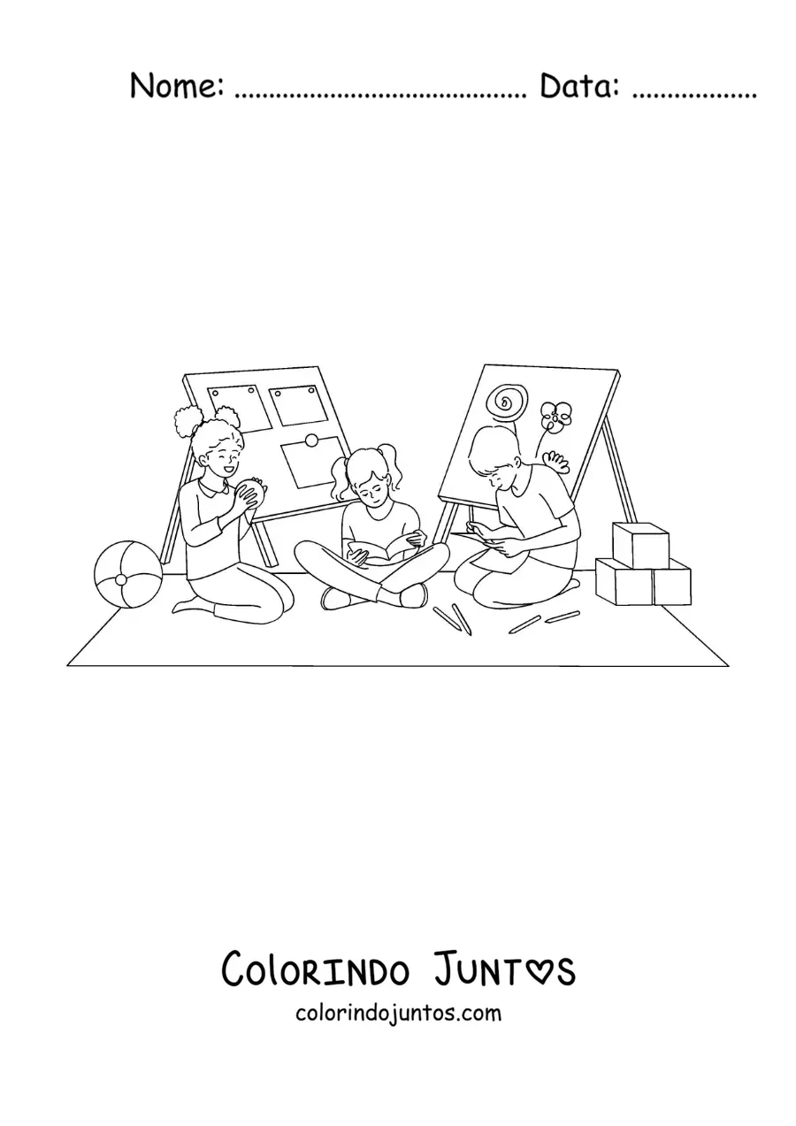 Desenho para colorir de crianças brincando e estudando na escola