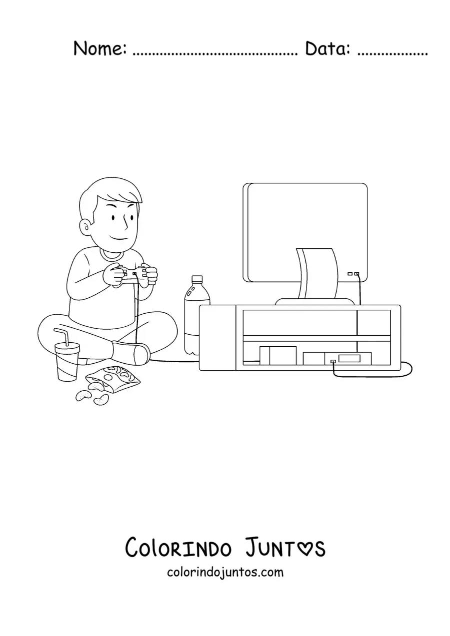 Desenho para colorir de um menino sentado jogando videogame em frente à televisão