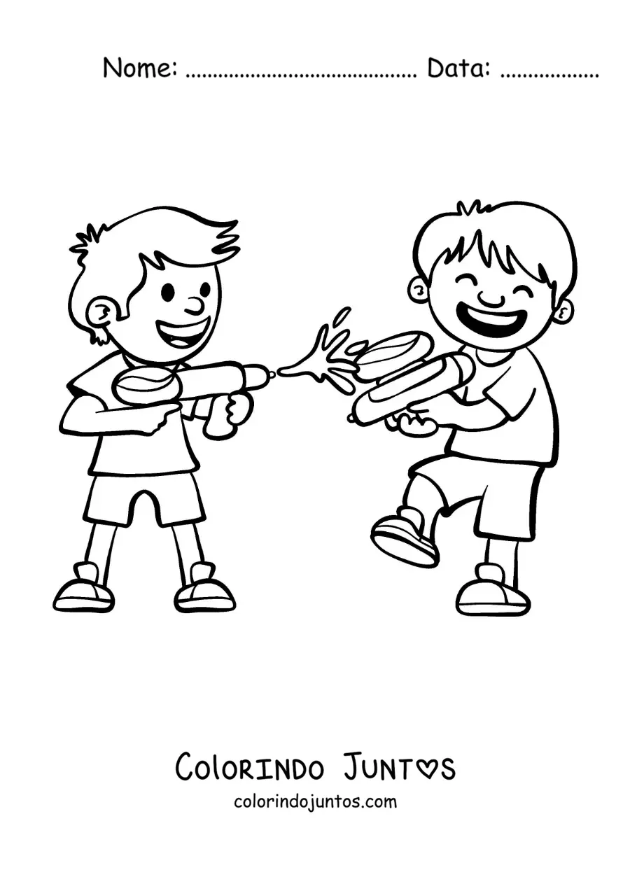 Desenho para colorir de dois amigos brincando com pistolas de água