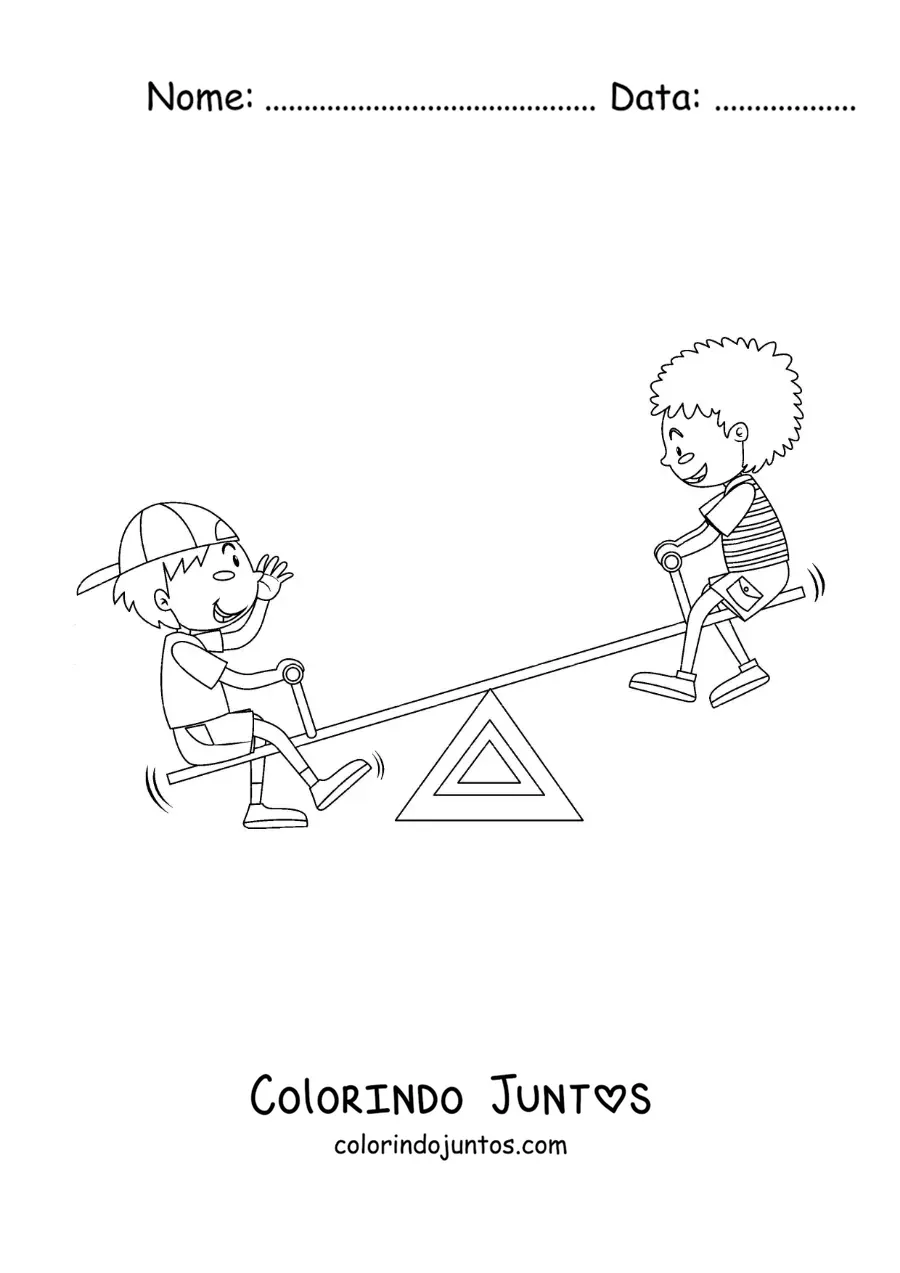 Desenho para colorir de dois amigos brincando em uma gangorra