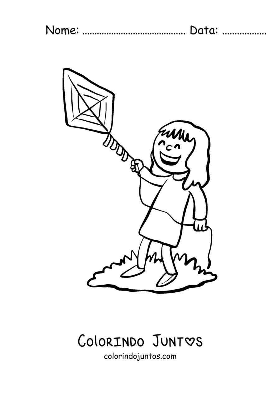 Desenho para colorir de uma menina brincando com uma pipa