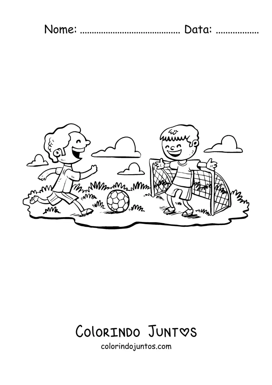 Desenho para colorir de duas crianças animadas jogando futebol no parque