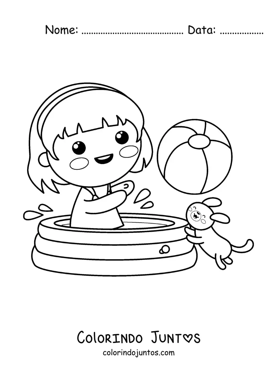 Desenho para colorir de uma menina kawaii brincando com uma bola na piscina