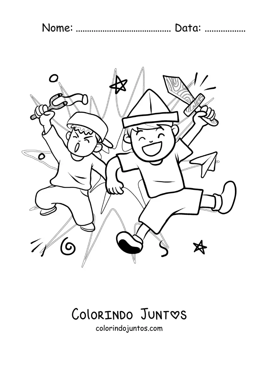 Desenho para colorir de dois amigos brincando com brinquedos