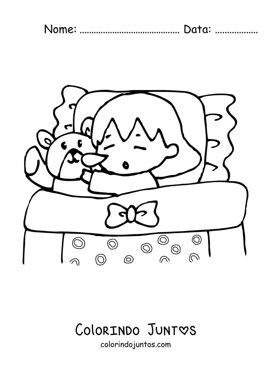 Desenho para colorir de uma menina dormindo com seu ursinho de pelúcia na cama