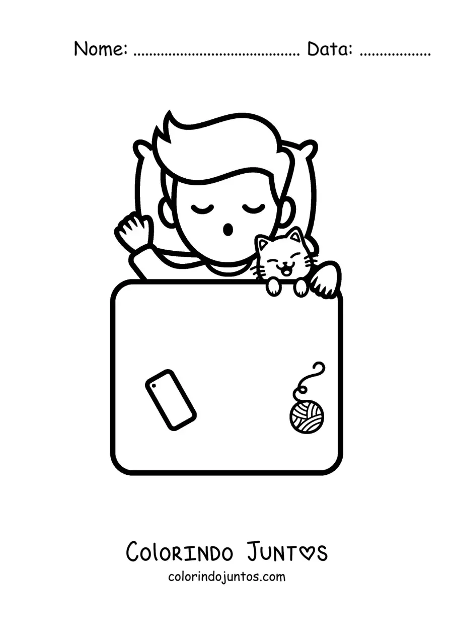 Desenho para colorir de um menino dormindo com seu gato